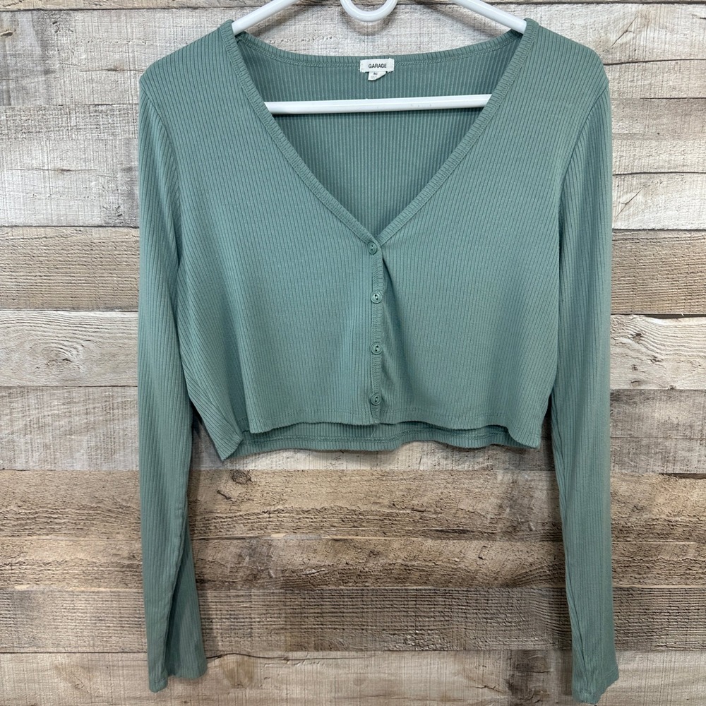 Garage Womens Green Ribbed V-Neck Button Up Long Sleeve Cropped Top‎ Size M